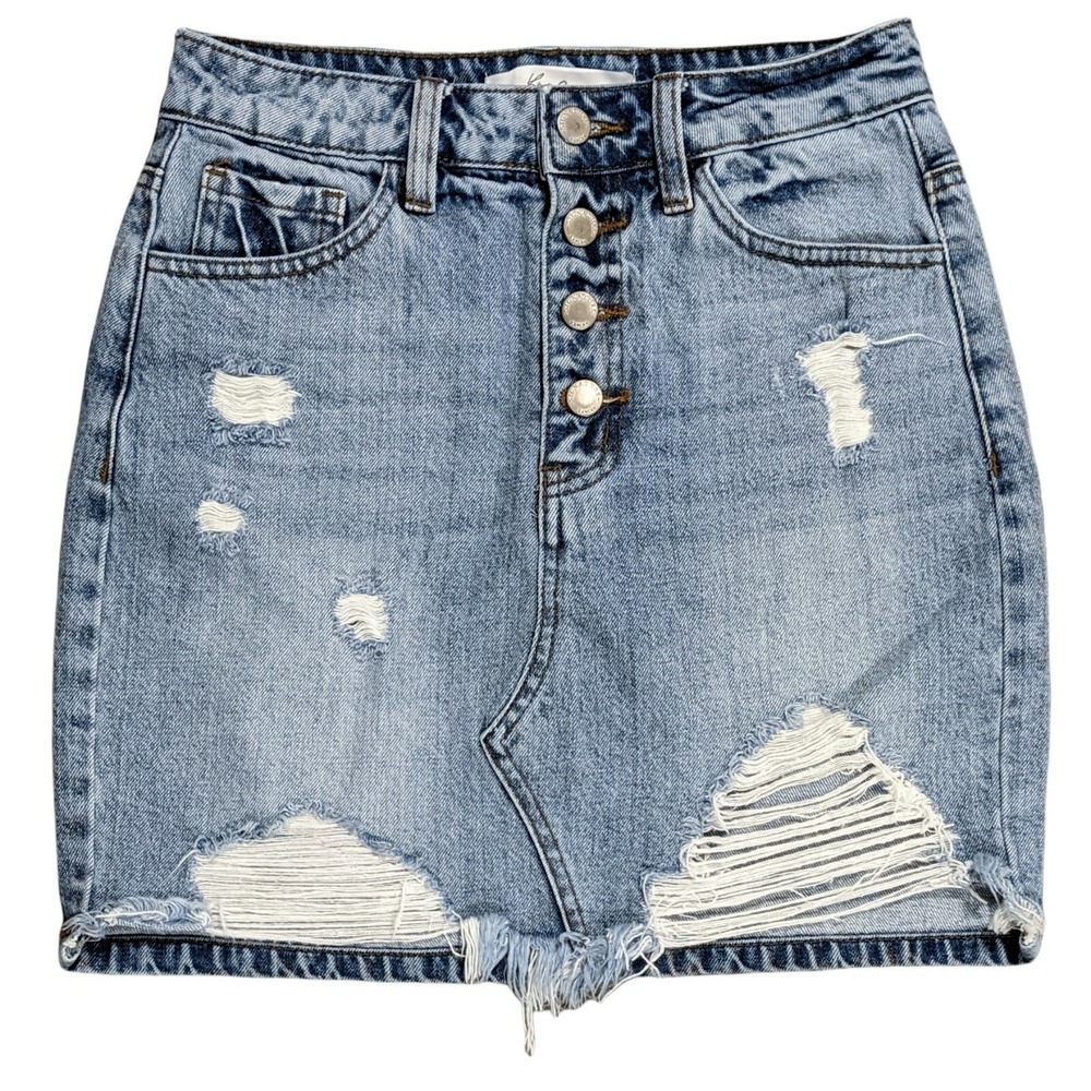 KanCan Womens Size XS Distressed Denim Mini Skirt Light Wash Button Fly VBK1443
